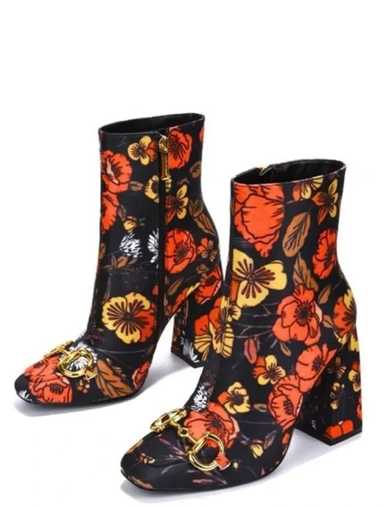 Cape Robbin Black Floral Block Heel Ankle Boots with Orange & Yellow Flowers - Picture 1 of 1
